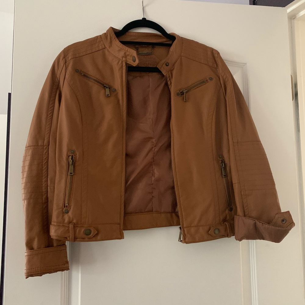 Brown Tan Faux Leather Biker Jacket